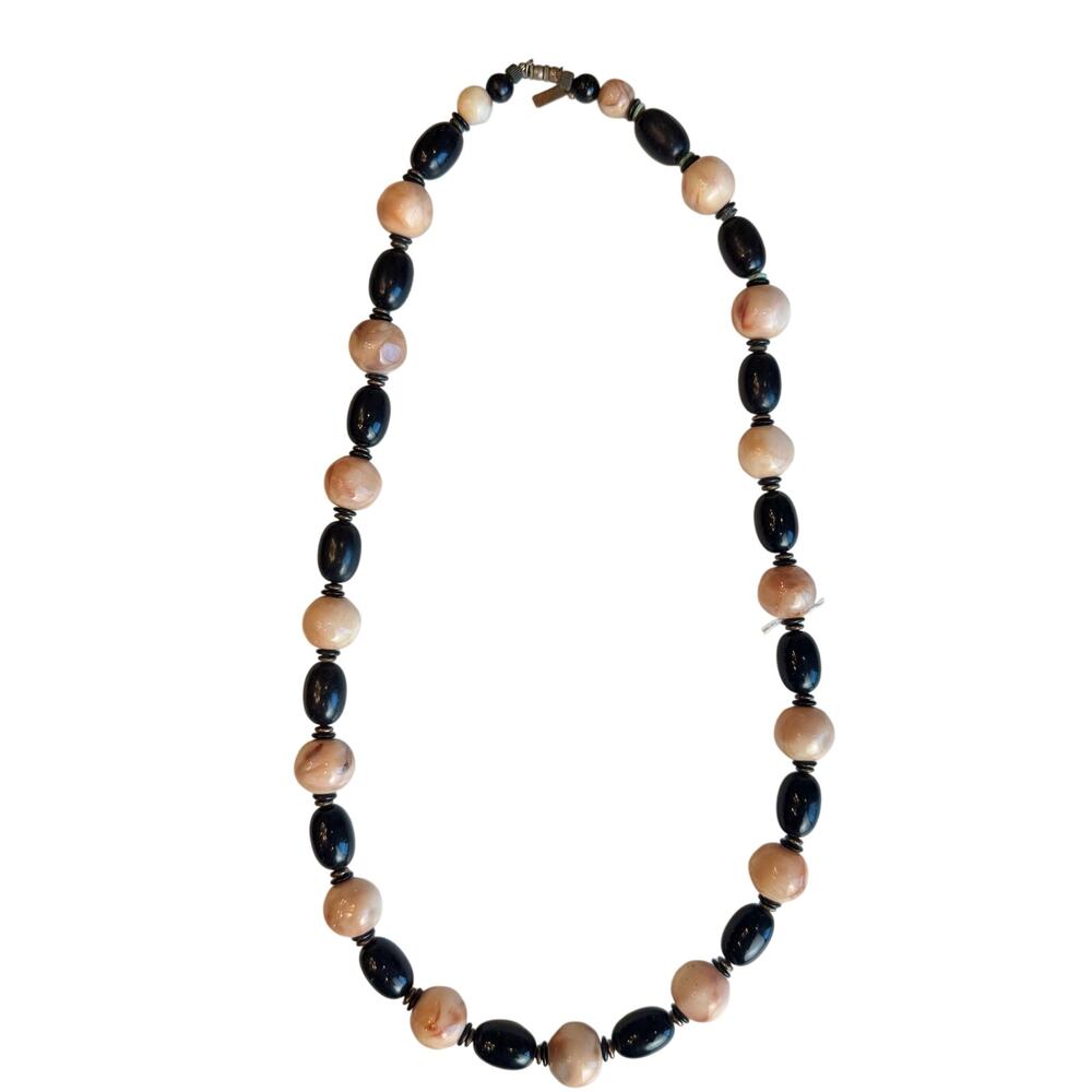 Pauline Rader Vintage Beaded Necklace Black Cream Marbled 32” Signed Statement